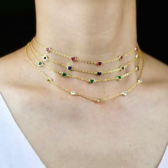 18K GOLD PLATED 925 STERLING SILVER RUBY COLORED CRYSTAL HEART STATION COLLAR - Picture 5 of 7